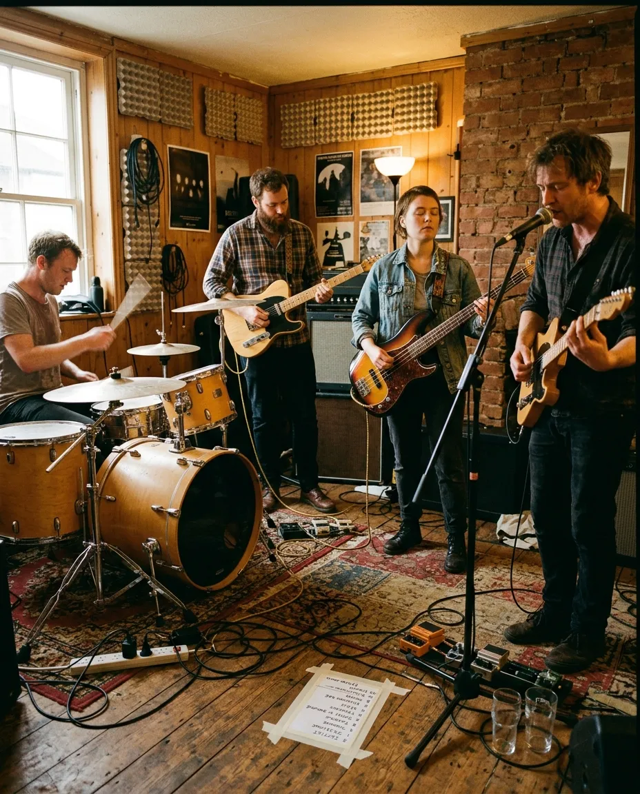 A band rehearsing before the session