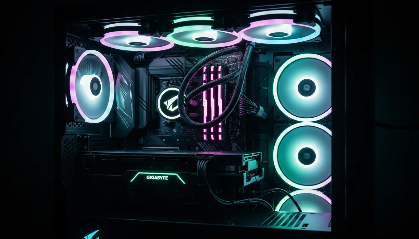 DSLR photograph of the glowing interior of a high-performance gaming PC, cinematic contrast. The dark components are illuminated by vibrant RGB lighting in cyan, magenta, and green. A prominent liquid AIO cooler with a circular pump head and braided tubes sits on a detailed Gigabyte motherboard. Multiple glowing RGB fans are visible at the top and sides. Sharp focus on the intricate circuitry, illuminated RAM sticks, and clean cable management.