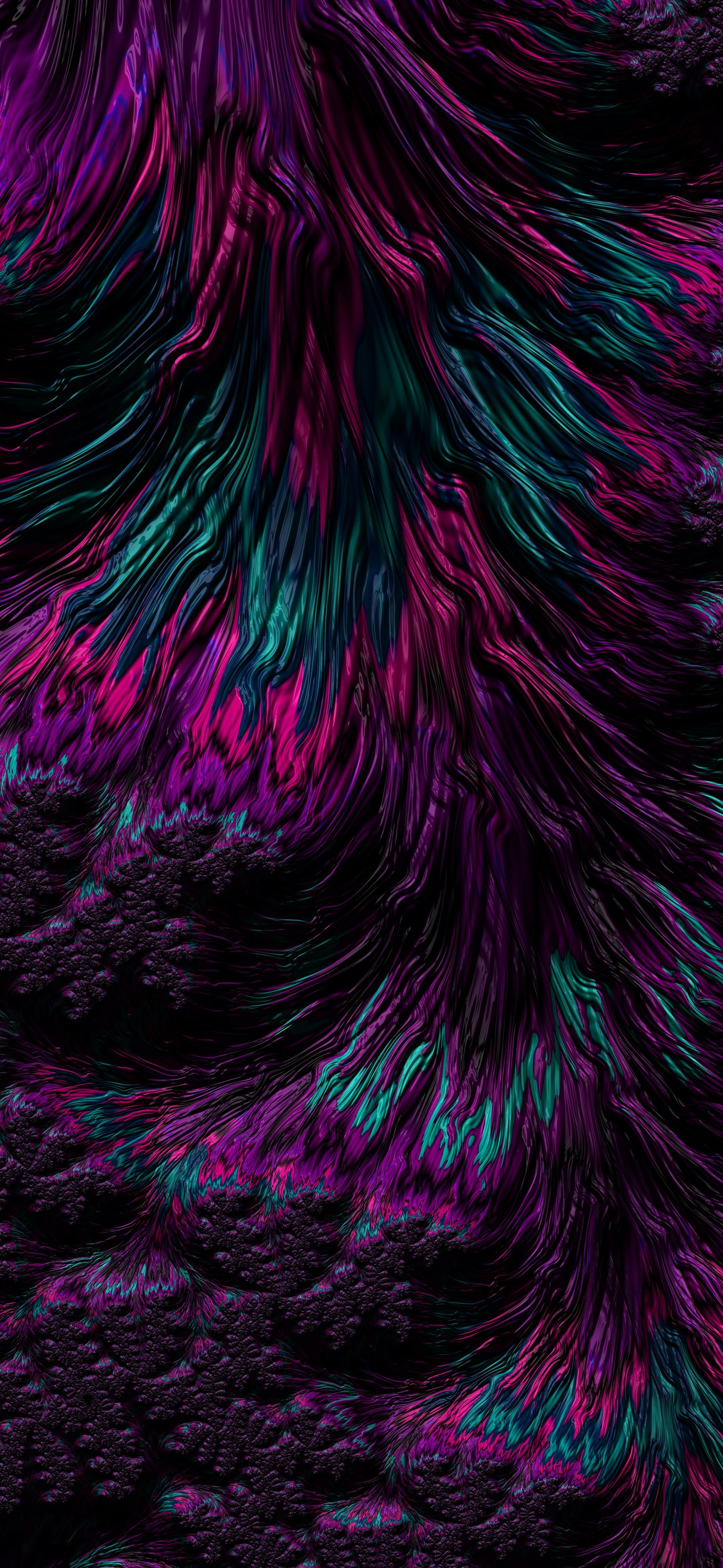 Abstract flowing magenta, purple and teal forms on a dark background.