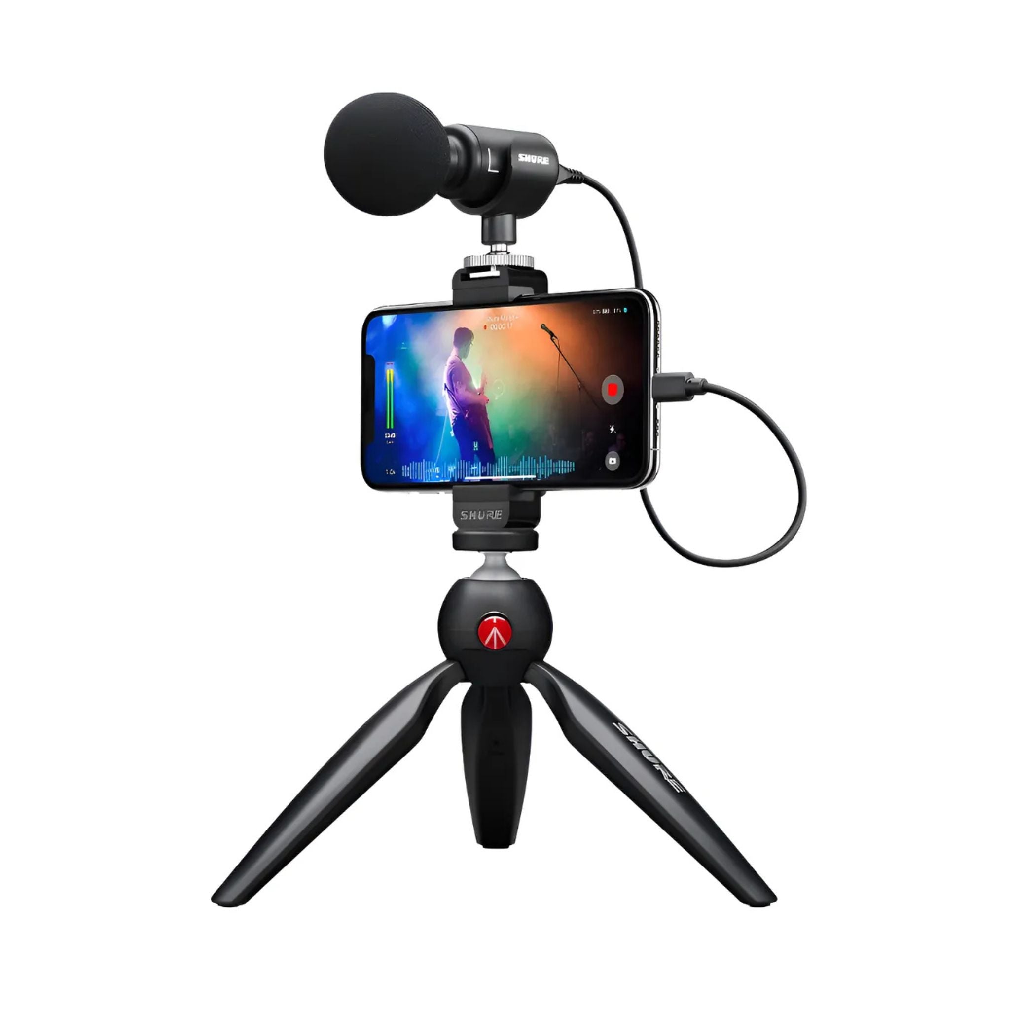 Shure MV88+ Video Kit frontal con micrófono estéreo, trípode Manfrotto y soporte para smartphone