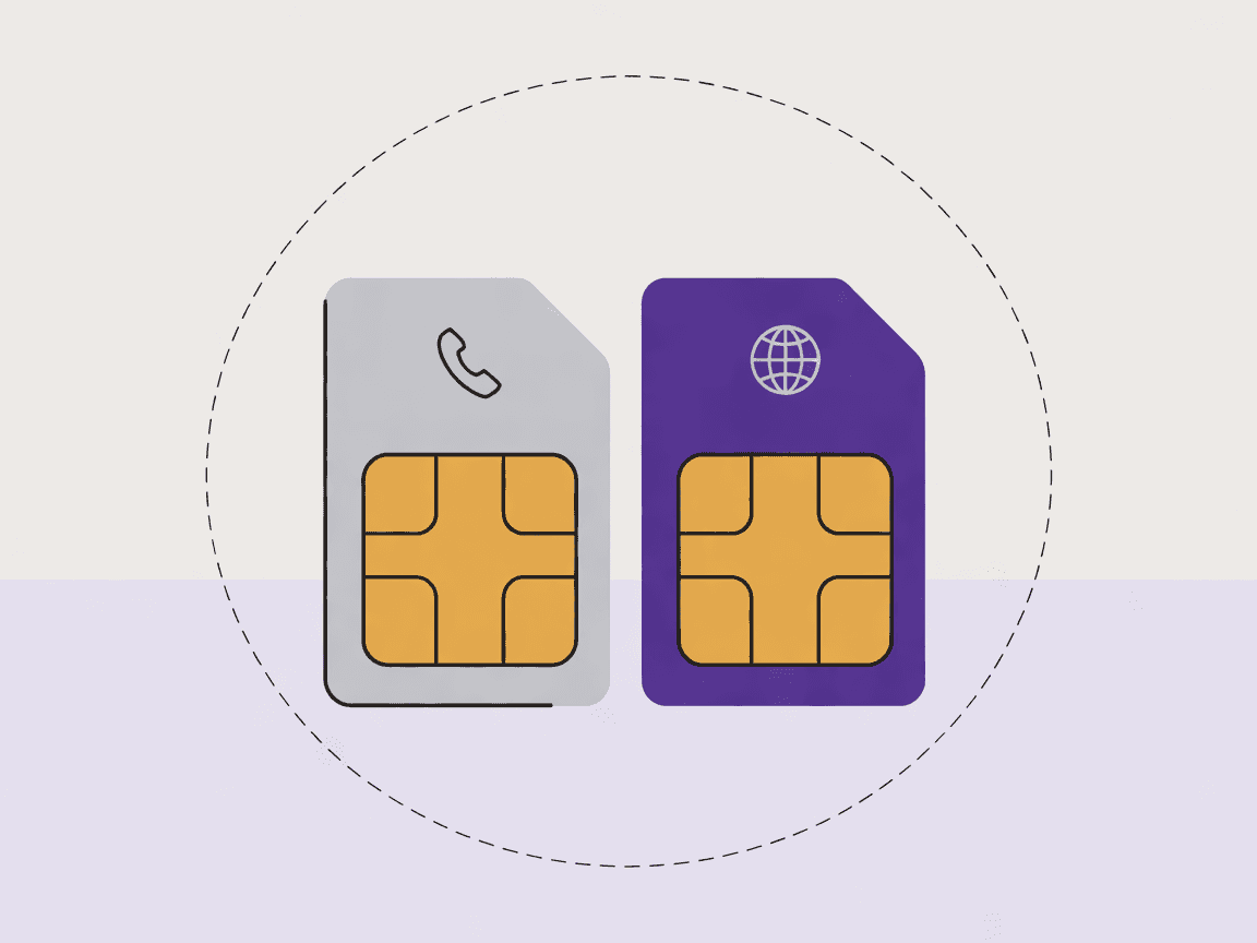 Two SIM card icons side by side, one marked with a handset for home calls and one with a globe for travel data