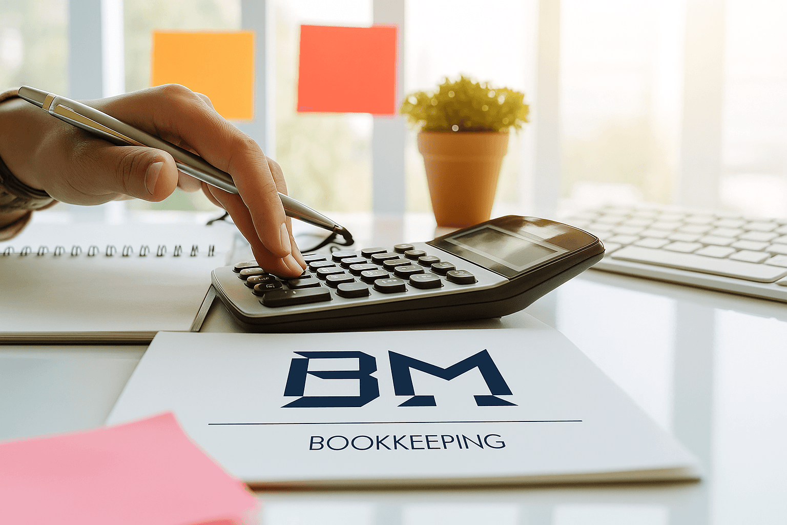 BM Bookkeeping logo on financial documents with calculator representing professional small business bookkeeping services in Texas