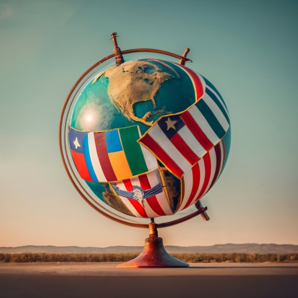 A colorful display of national flags encircling a globe, symbolizing the worldwide impact of immigration and naturalization services.