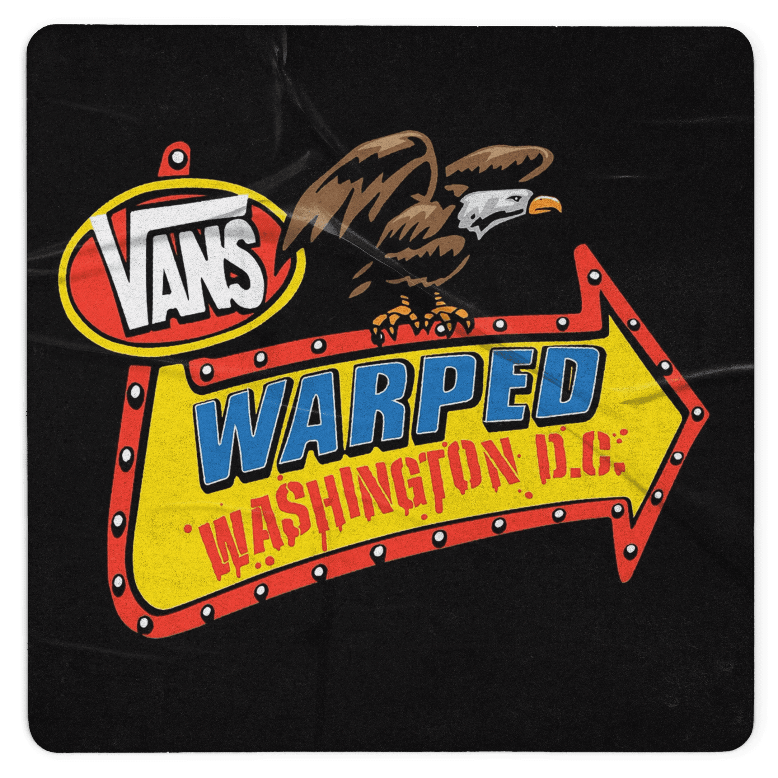 Vans Warped Tour logo featuring an eagle and an arrow pointing right, set against a black background.