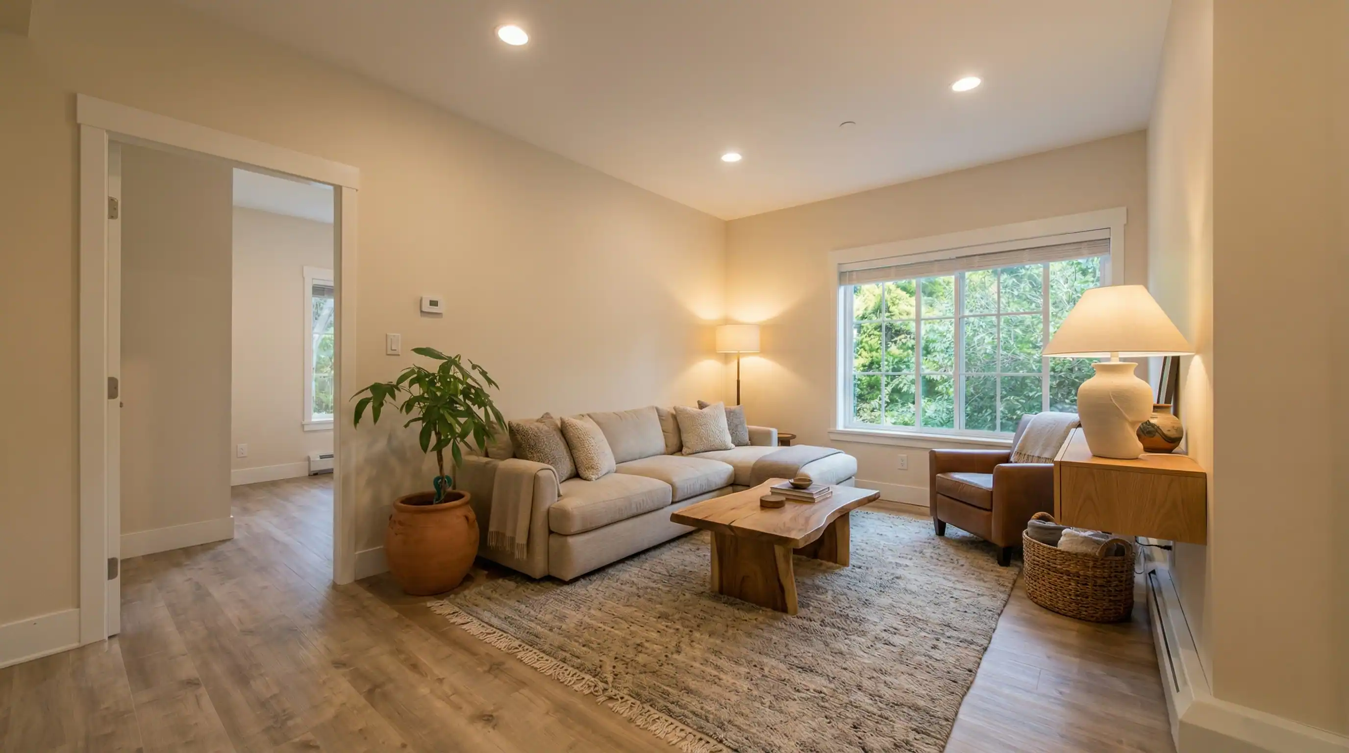 Bright modern living room in Vancouver custom home with neutral color palette, premium hardwood flooring, large picture windows, and contemporary furniture showcasing quality craftsmanship
