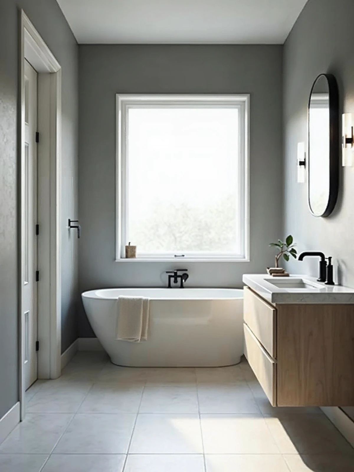 odern gray-painted bathroom in NYC with soft matte finish and black fixtures