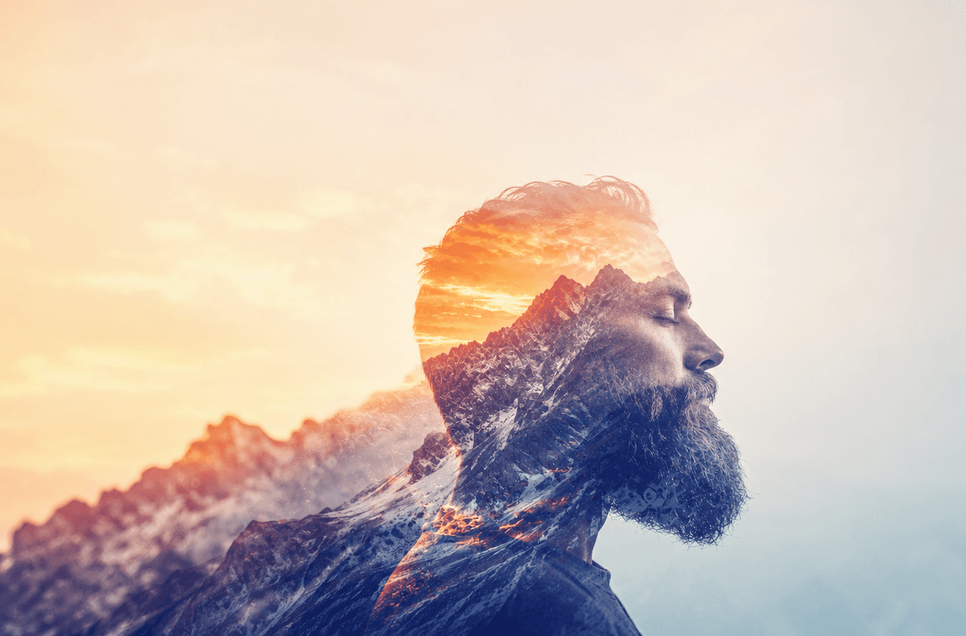Artistic portrait with red and blue lighting creating a dramatic effect