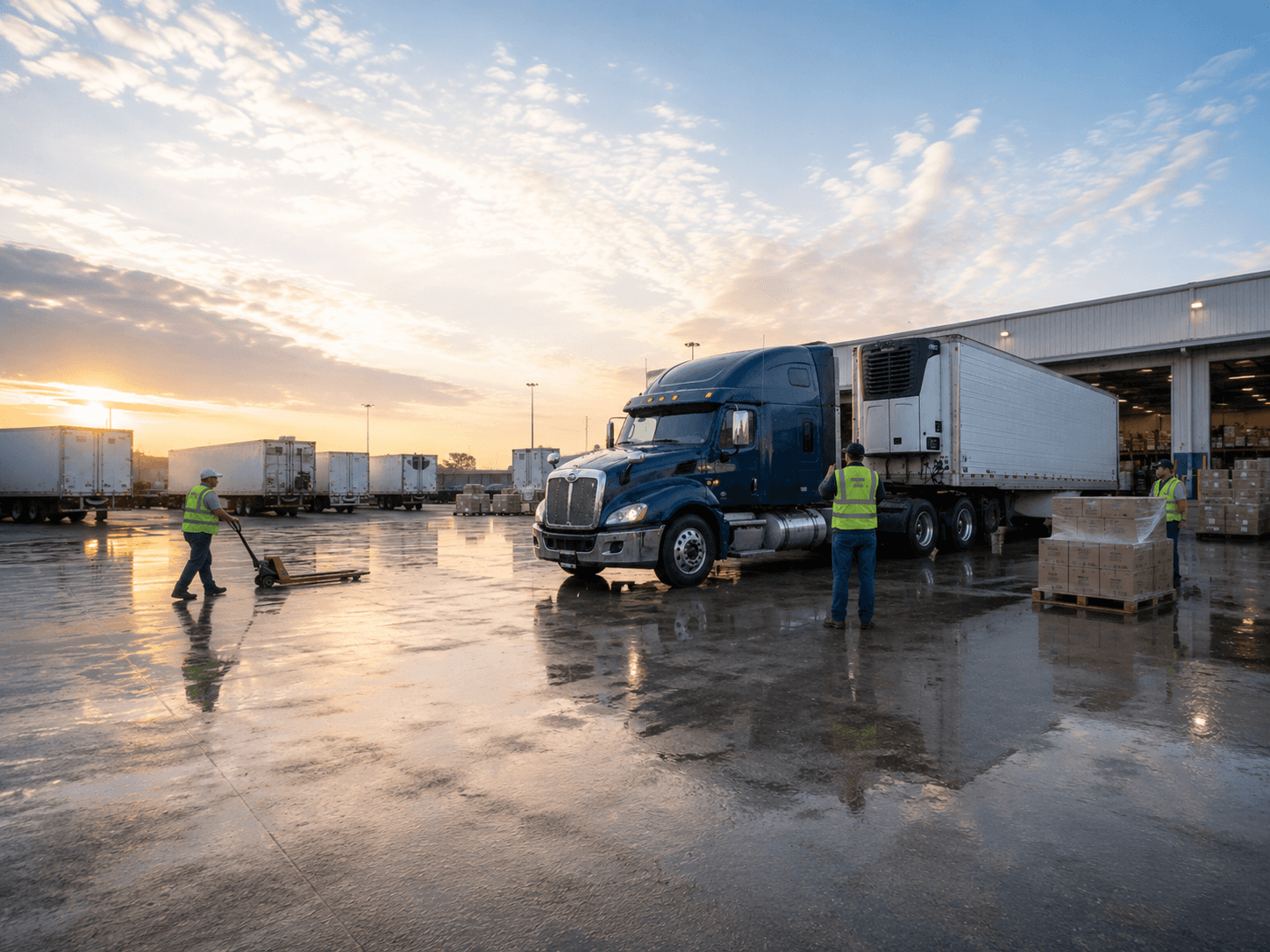 Blue refrigerated truck backed into a warehouse dock while workers move freight and pallets across a wet loading yard at sunrise.