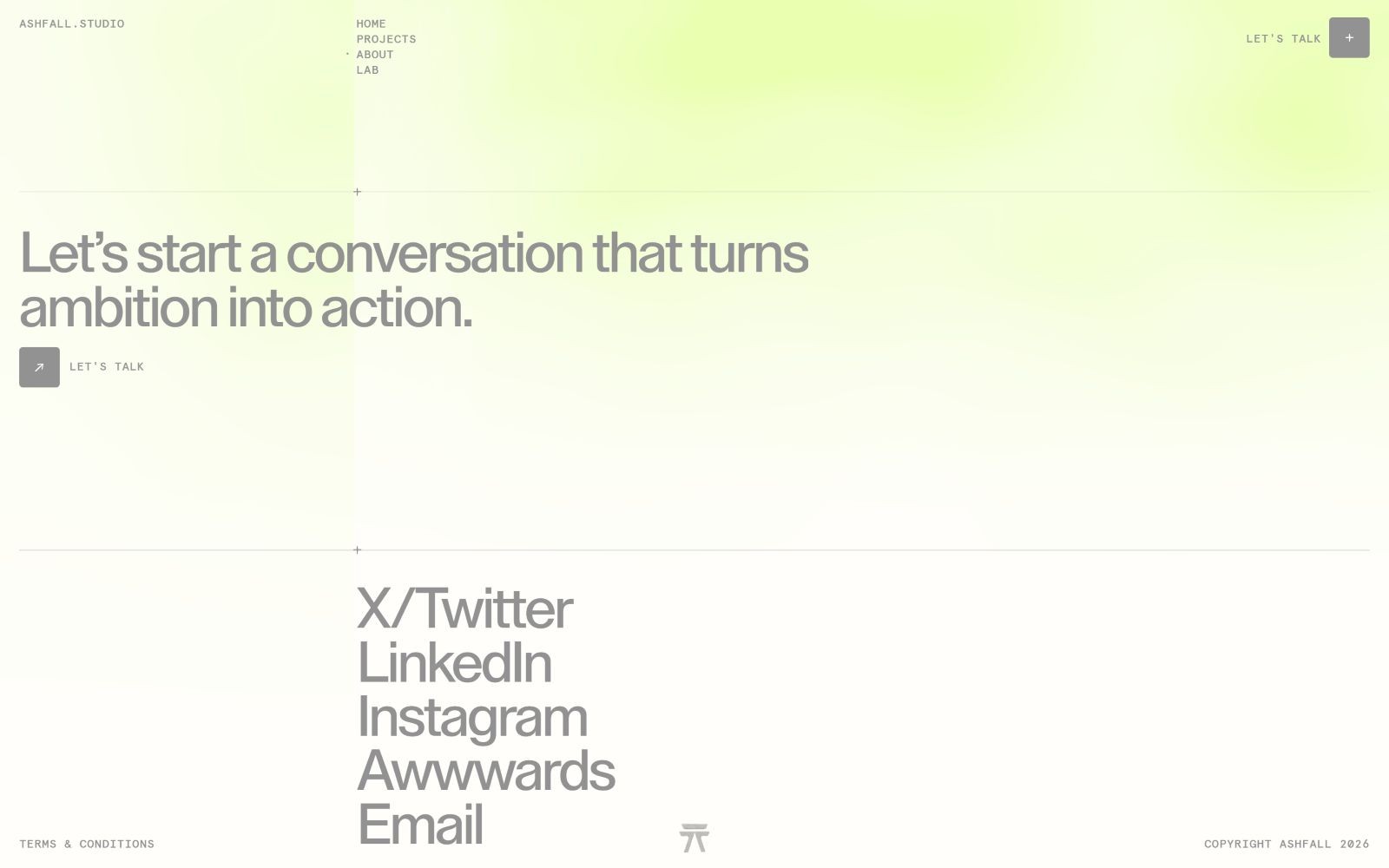 Gradient background with text: "Let's start a conversation that turns ambition into action." Links: X/Twitter, LinkedIn, Instagram, Email.