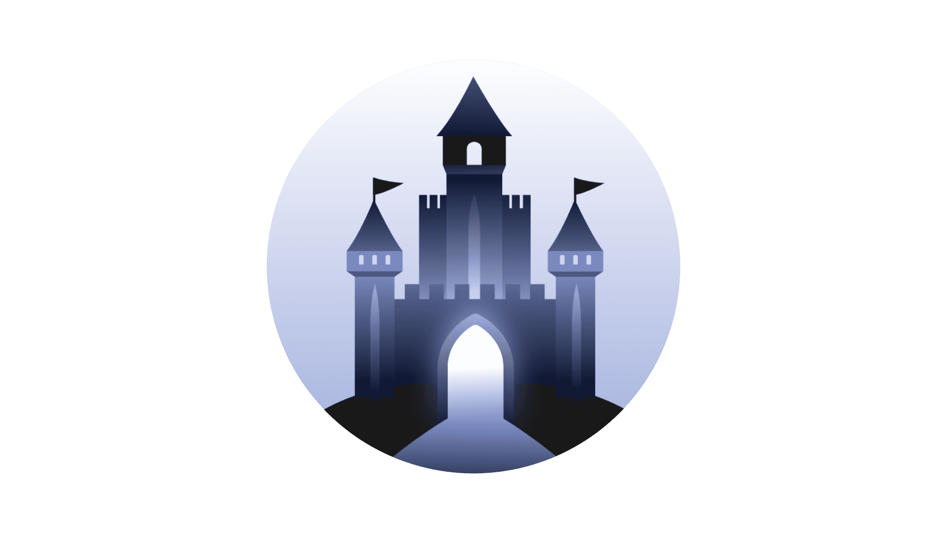 A silhouetted medieval castle with tall towers and flags, featuring a prominent arched entrance, set against a gradient sky.
