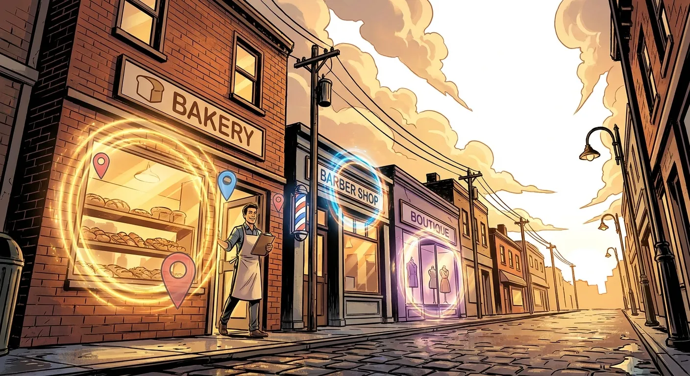 Street with shops showcasing RockN' Socials' digital marketing agency services.