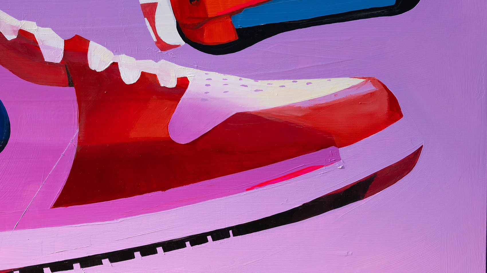 A colorful closeup detailing the front of a Jordan 1 sneaker, showcased in a modern painting