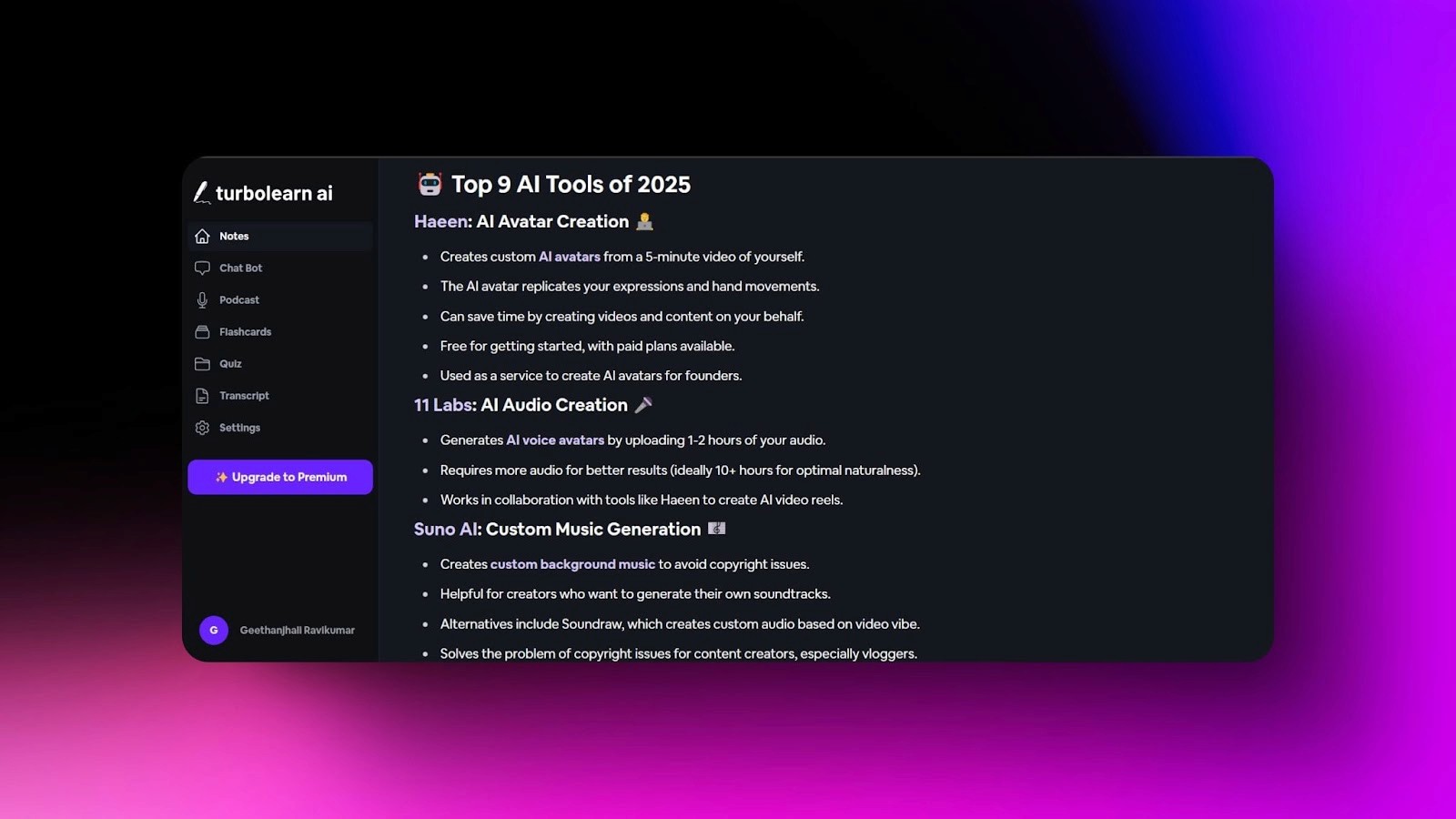 Screenshot of TurboLearn listing the top 9 AI tools for 2025, including AI avatars, AI audio, and custom music generators.