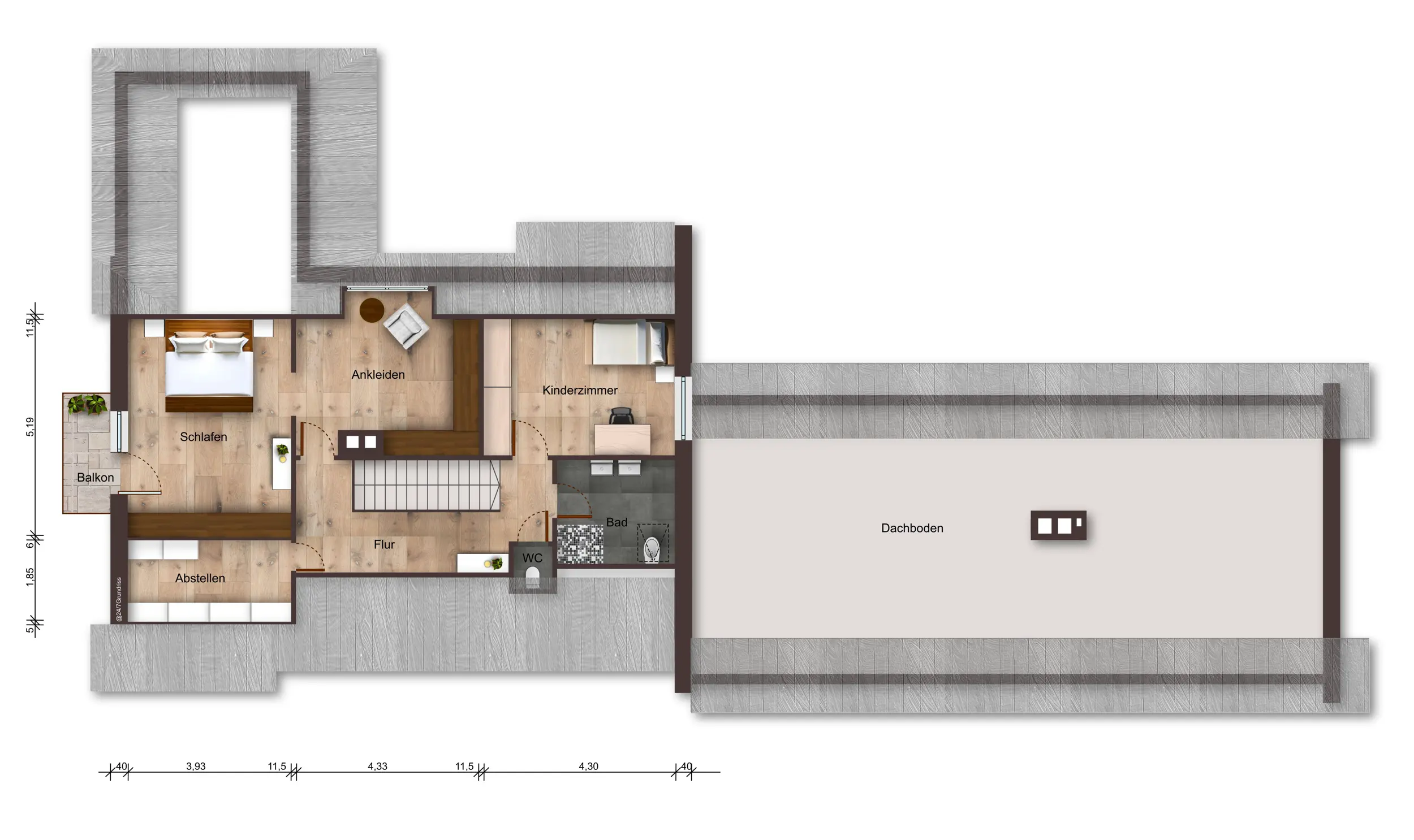 Grundriss Obergeschoss eines Einfamilienhauses mit Einliegerwohnung in Bad Bentheim, Schlafräume, Bad, Balkon und Dachboden.