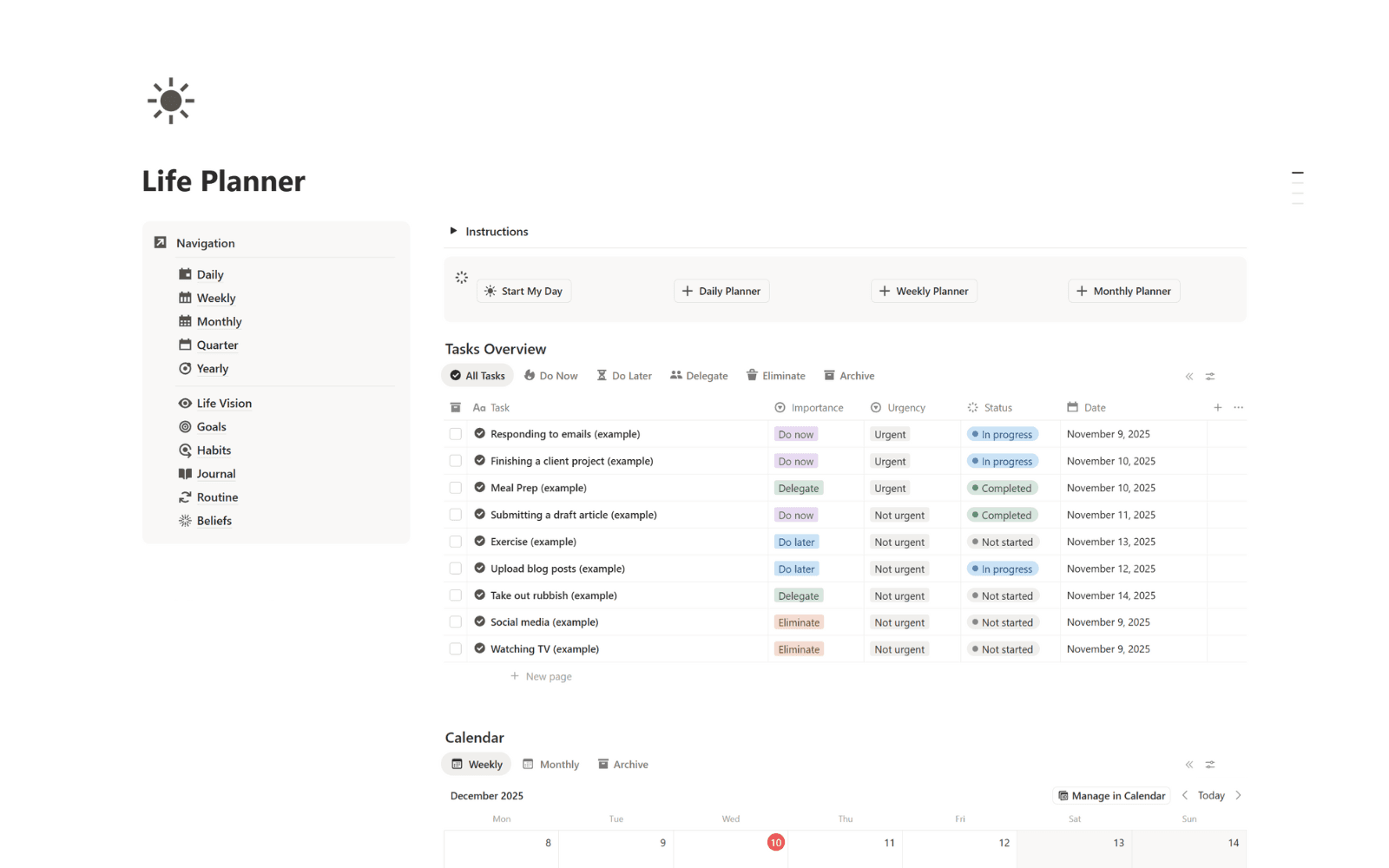 Notion template Life Planner