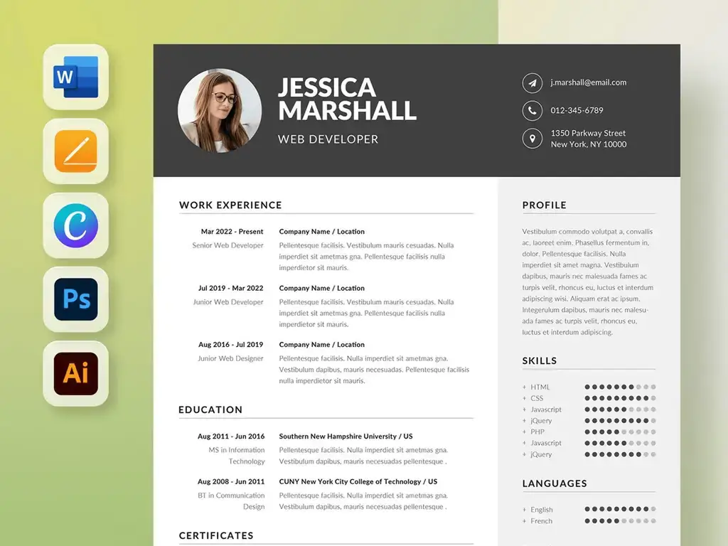 two column resume template with dark header and matching cover letter preview