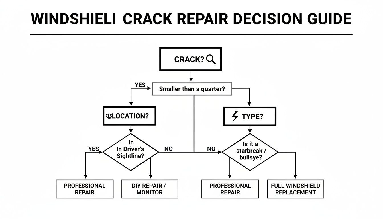 A flowchart guiding windshield crack repair decisions based on size, location, and type.
