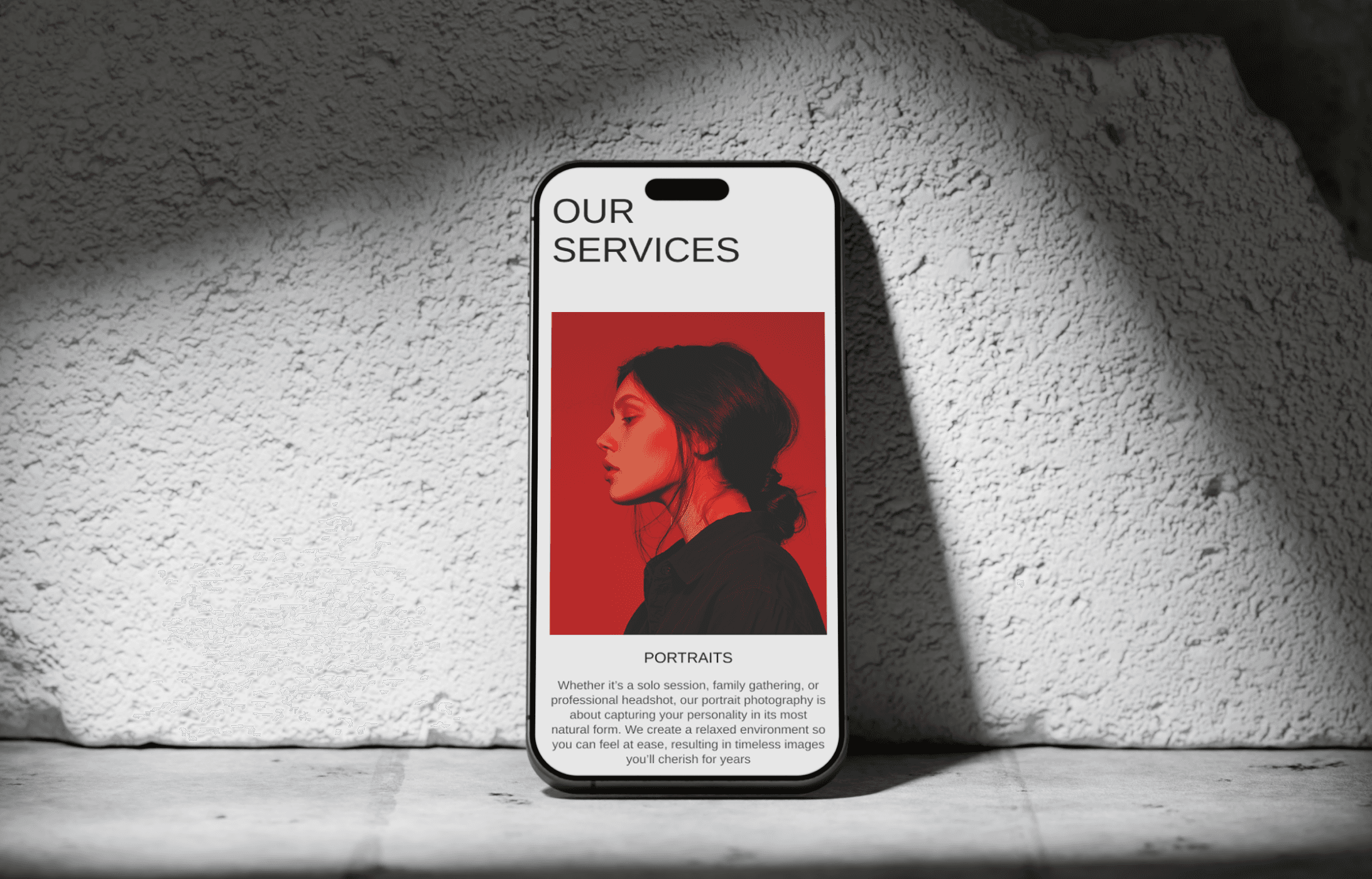 Muse website mobile mockup with sun rays and cement background