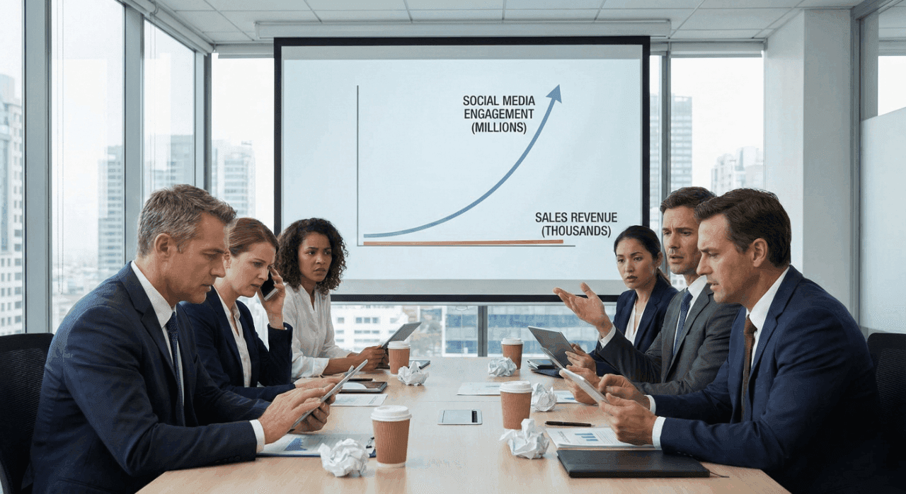 Business team reviewing a presentation showing rising social media engagement compared to flat sales revenue during a meeting.