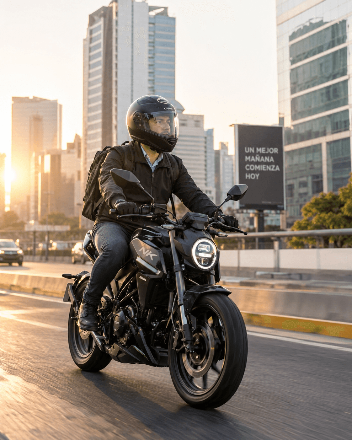 Persona yendo al trabajo en moto