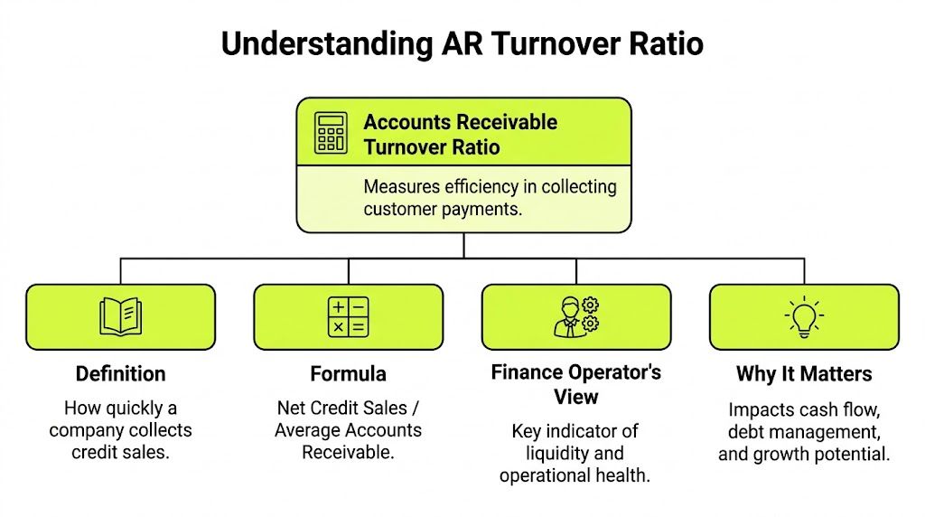 A diagram explaining the accounts receivable turnover ratio formula, its definition, importance, and financial perspective.