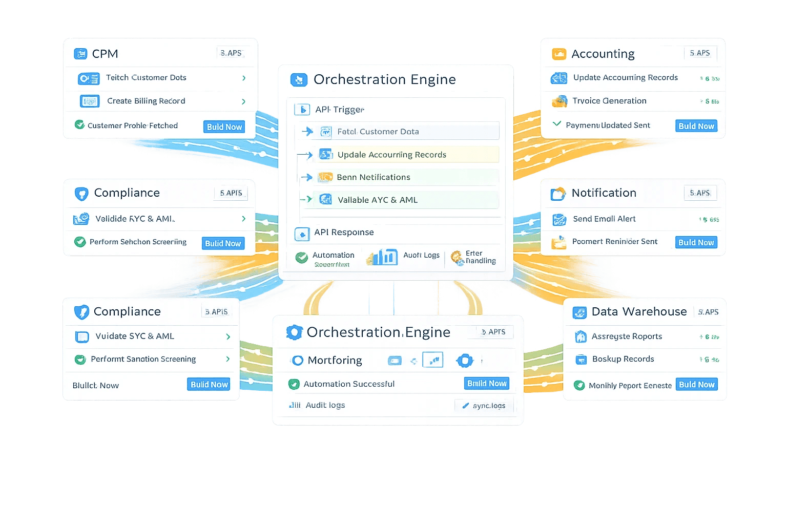 Ilustrasi enterprise orchestration engine & modular business services architecture. Di tengah terdapat Orchestration Engine sebagai pusat, menampilkan API Trigger, alur otomatis seperti Fetch Customer Data, Update Accounting Records, Send Notifications, serta Validate KYC & AML, dengan status automation successful, audit logs, dan error handling.  Mengelilinginya adalah modul‑modul terintegrasi:  CPM (Customer/Profile Management): tarik data pelanggan dan pembuatan billing record.  Compliance: validasi KYC & AML dan sanction screening.  Accounting: pembaruan catatan akuntansi, pembuatan invoice, dan status pembayaran terkirim.  Notification: pengiriman email alert dan pengingat pembayaran.  Data Warehouse: agregasi laporan, backup records, dan laporan bulanan.  Setiap modul ditandai koneksi API, tombol Build Now, dan indikator status. Alur data berwarna menghubungkan semua komponen, menggambarkan orkestrasi proses bisnis end‑to‑end yang otomatis, terpantau, dan patuh regulasi.