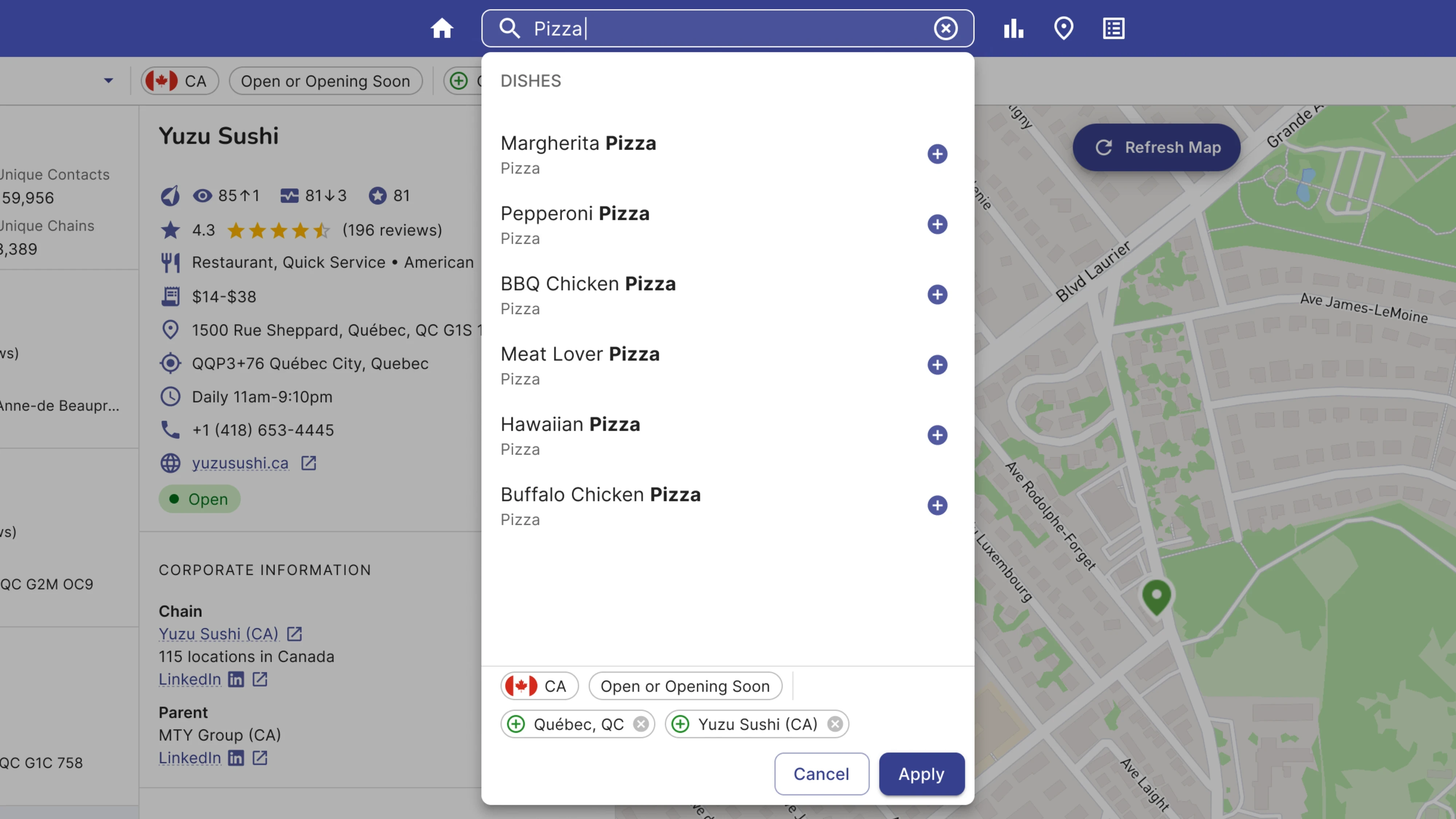 Predictive search results for “pizza” under different filter categories, highlighting improved discoverability.