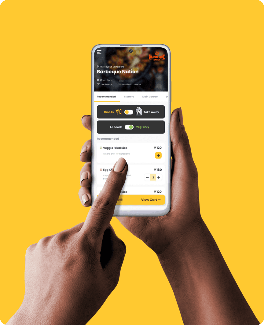 A mobile phone interface featuring a food ordering or local services app held by a hand over a bright yellow background.