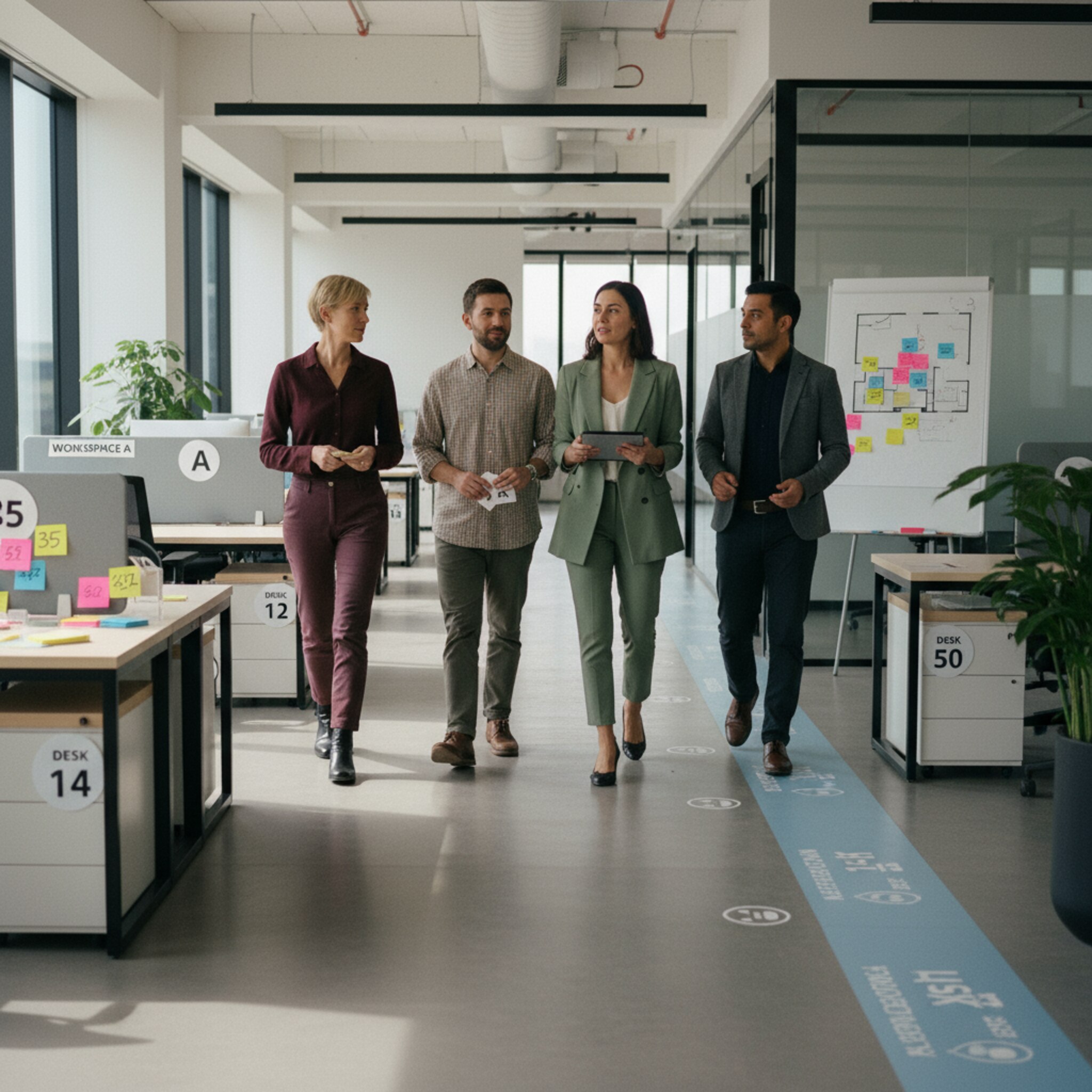 Ein Team aus Office-Management und Facility läuft eine helle Etage ab. Deutlich markierte Zonen und gut sichtbare Platzkennzeichnungen strukturieren den Raum. Notizzettel mit Zahlen liegen auf einem Tisch bereit, als würden Belegungen abgestimmt. Die Umgebung wirkt ruhig, aufgeräumt und datenorientiert.