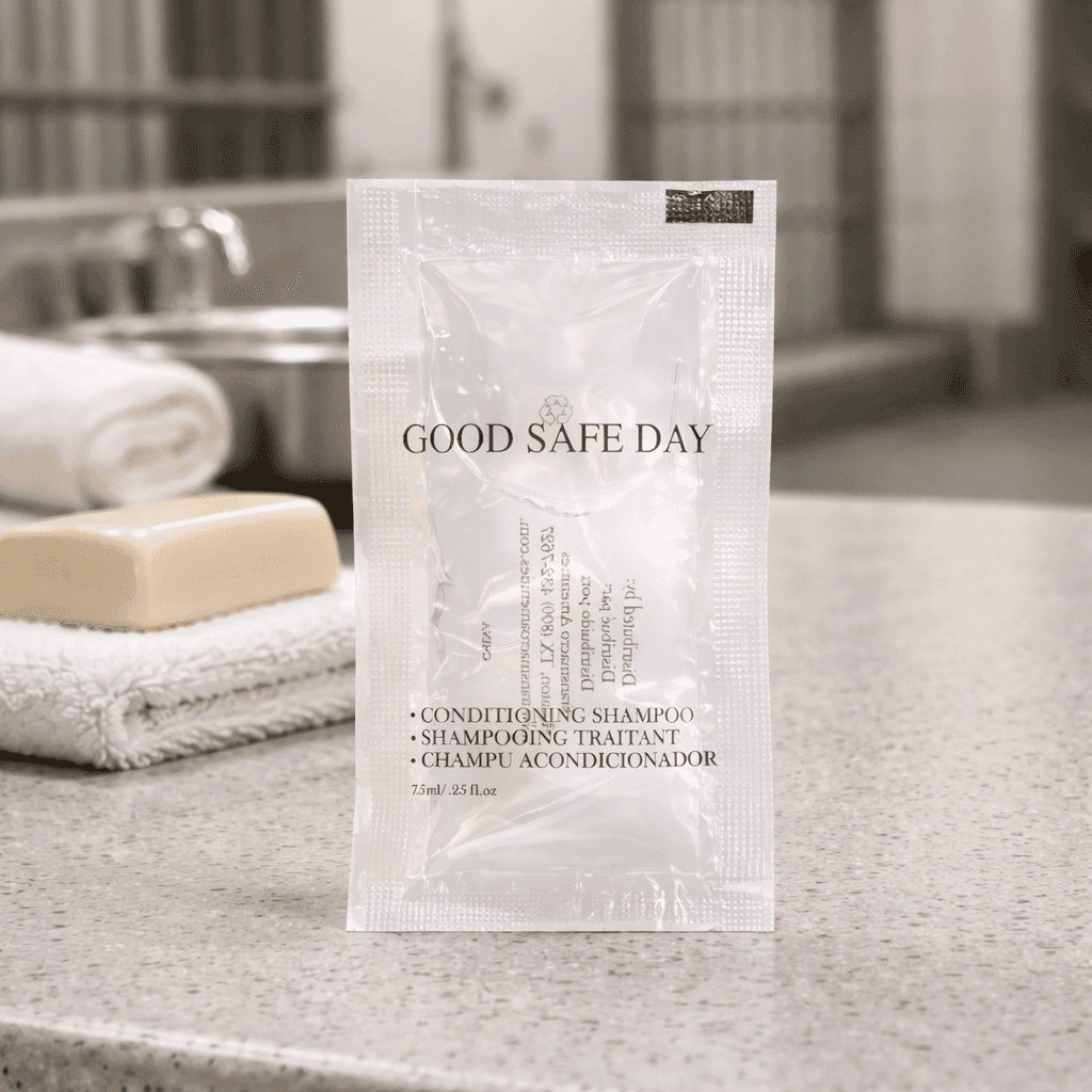 Good Day™ conditioning shampoo sachet by Transmacro Amenities displayed in a clean correctional facility bathroom setting