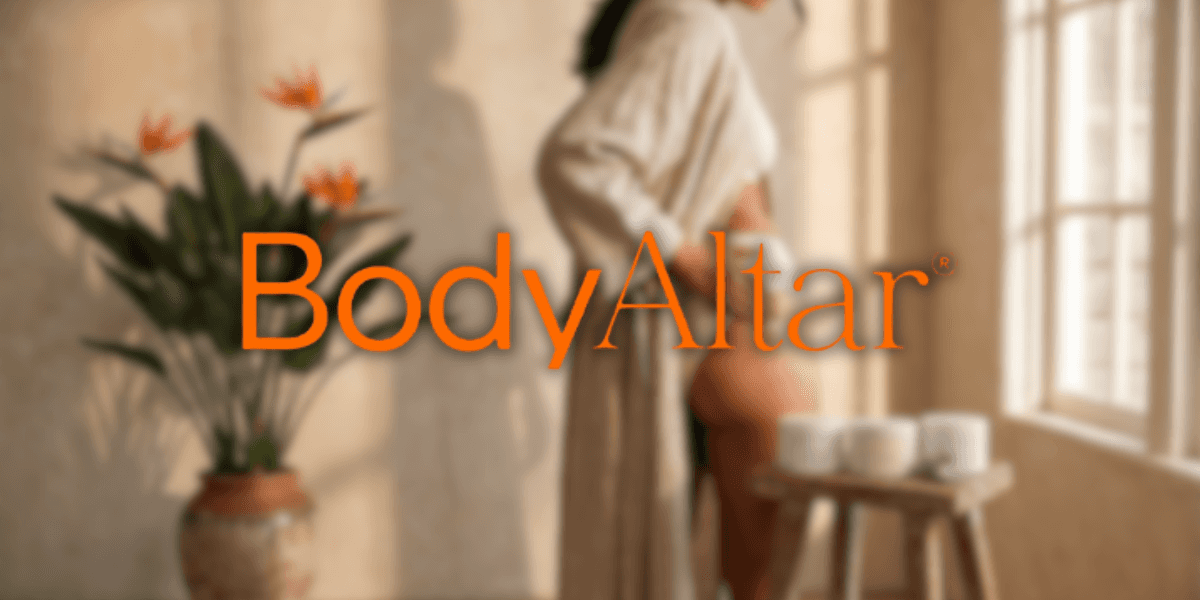 Woman practicing mindful self-care beside BodyAltar branding in a warm, serene wellness-inspired interior.