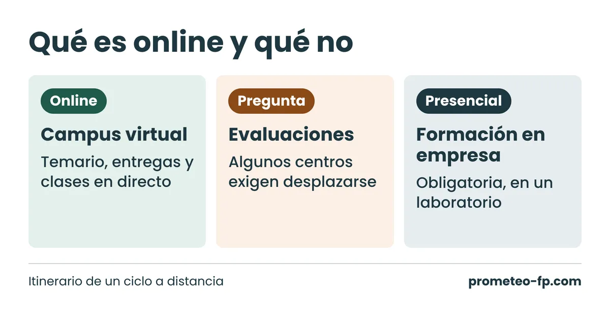 Esquema del ciclo a distancia: campus virtual online, evaluaciones según el centro y formación en empresa presencial