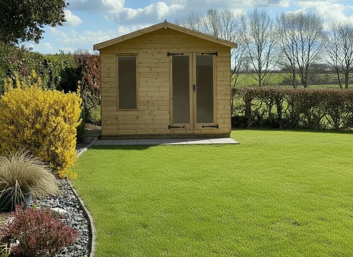 Apex timber garden office with glazed doors overlooking open fields