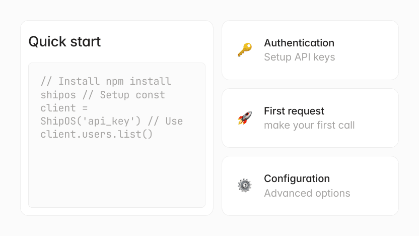 Quick start guide for Shipos API: Installation, Authentication, First Request, and Configuration.