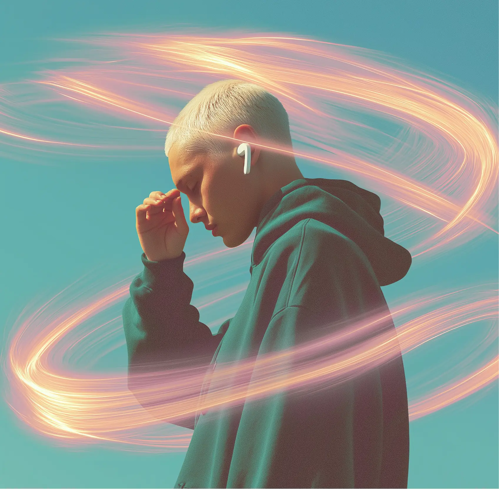 a person with small yellowish hair wearing a green hoodie listening music in airpods