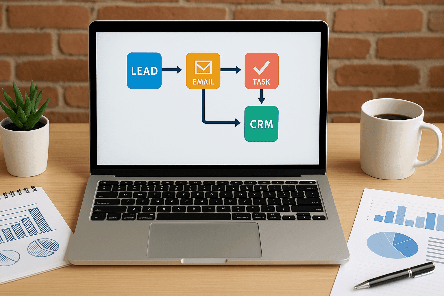 Lead generation process on laptop screen. Email, task, CRM.