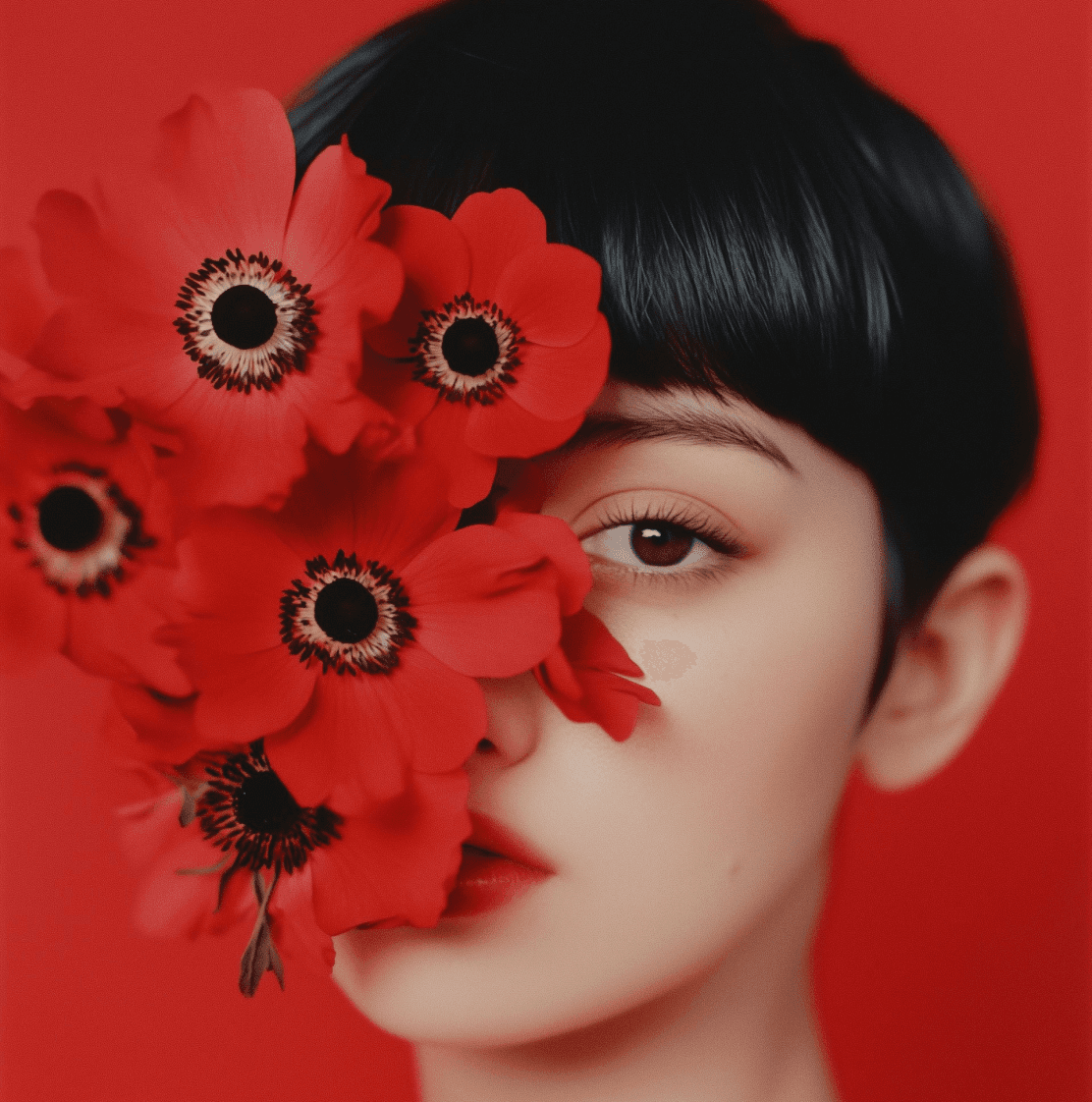 A girl with flowers on his eye with red background