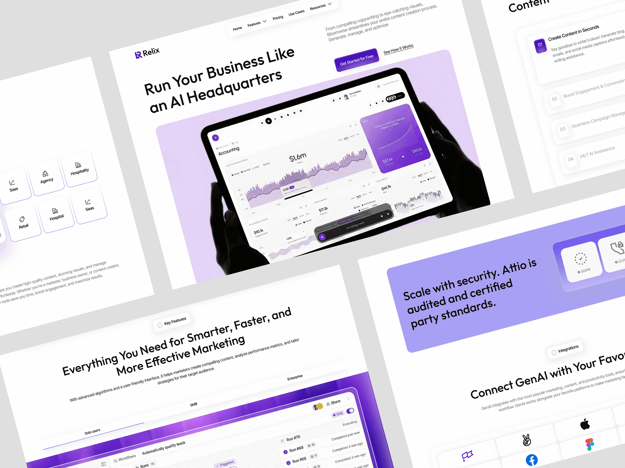  A collection of web pages featuring a purple and white color scheme, showcasing various designs and layouts.