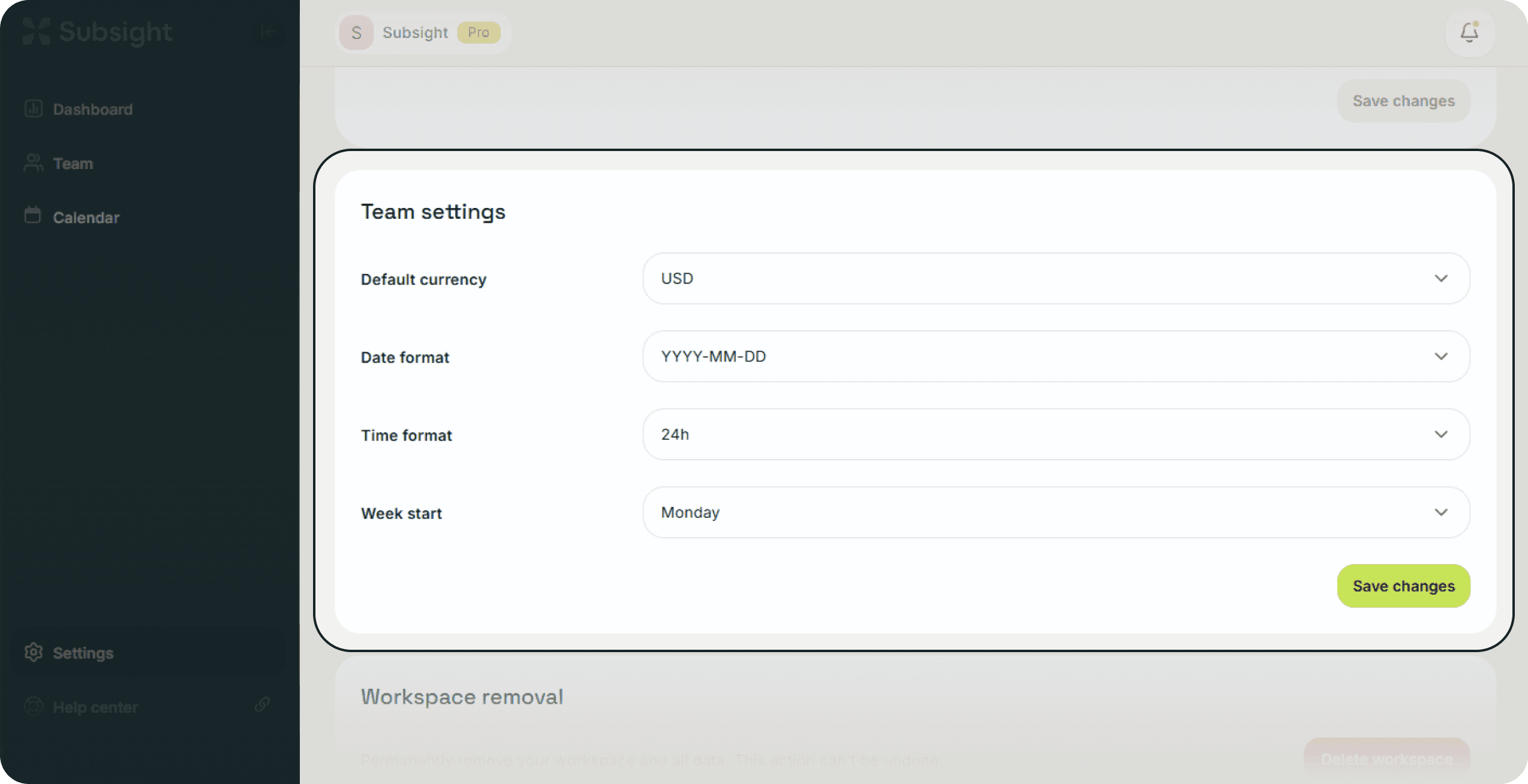 Subsight team settings page with date format, time format, and week start customization options.