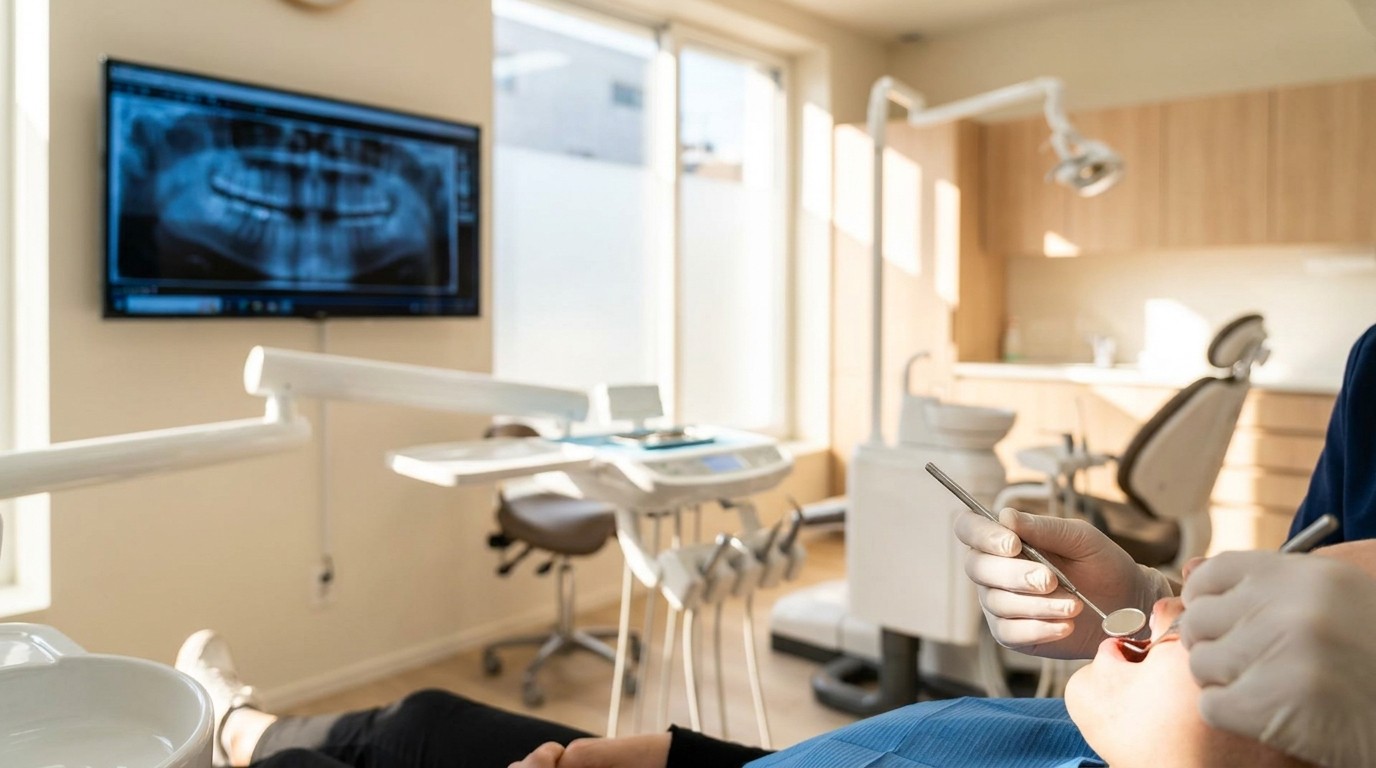 A dentist examines a patient's teeth and reviews digital X-rays during a checkup.