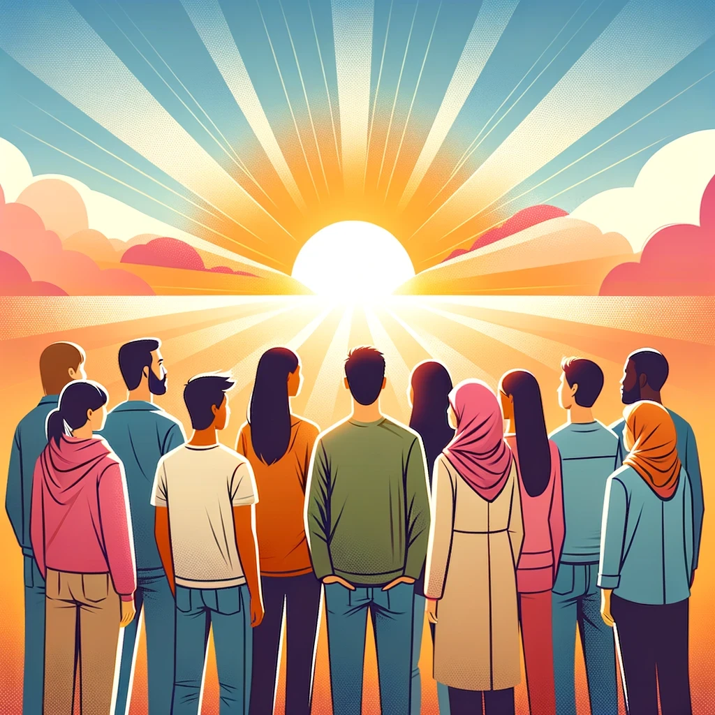 Diverse group of young individuals standing together at sunrise, symbolizing hope and new beginnings for DACA recipients.