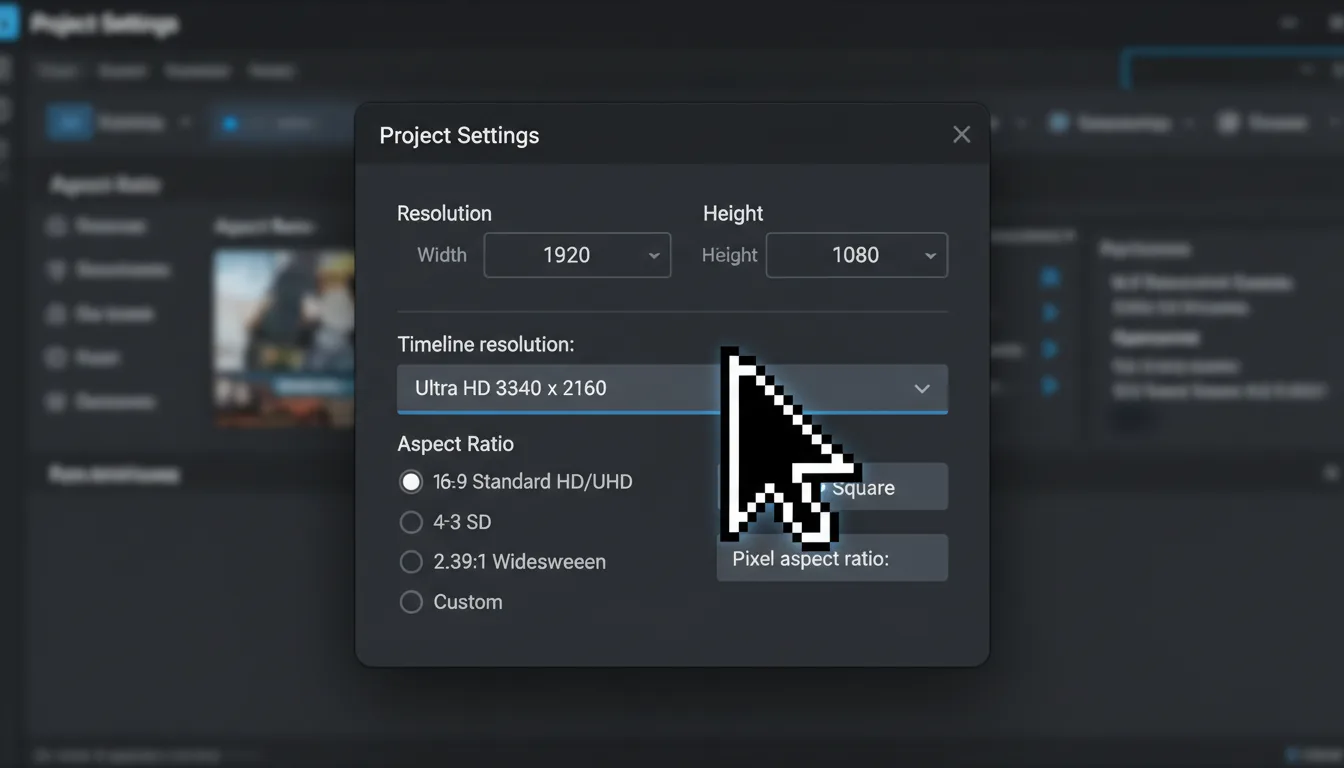 A close-up screenshot of the DaVinci Resolve video editing software interface, featuring a settings panel in a Modern Dark Mode style. The layout consists of UI elements with abstracted text labels for resolution and aspect ratio settings, alongside dropdown menus and radio buttons on a charcoal gray background. A large, stylized black-and-white mouse cursor is prominently positioned over a dropdown menu.