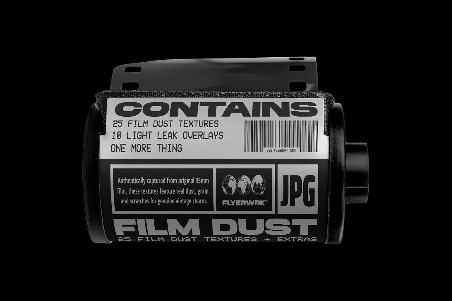 Film dust textures product preview with vintage film canister packaging design