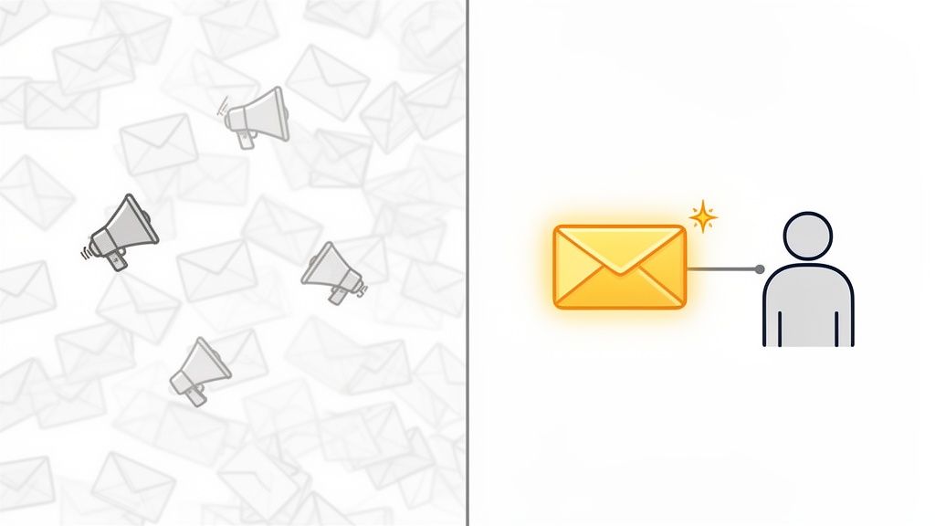 Two panels show mass communication with megaphones versus a targeted, sparkling message reaching a person.