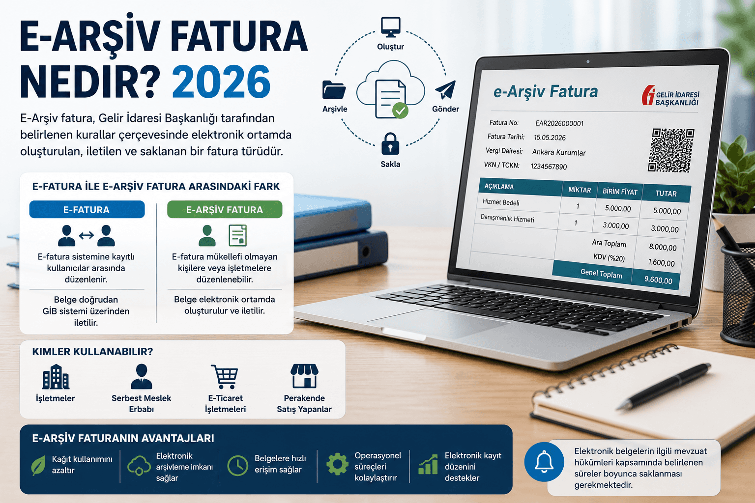 2026 E-Arşiv Fatura nedir konulu bilgilendirici infografik. E-arşiv fatura, e-fatura farkları, dijital muhasebe uygulamaları, elektronik belge düzenleme, e-ticaret fatura süreçleri ve Gelir İdaresi Başkanlığı sistemleri hakkında bilgi veren profesyonel görsel