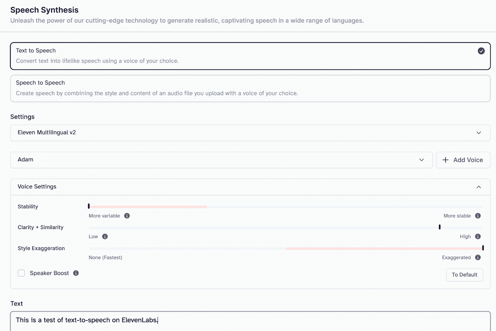 Elevenlabs speech synthesis page