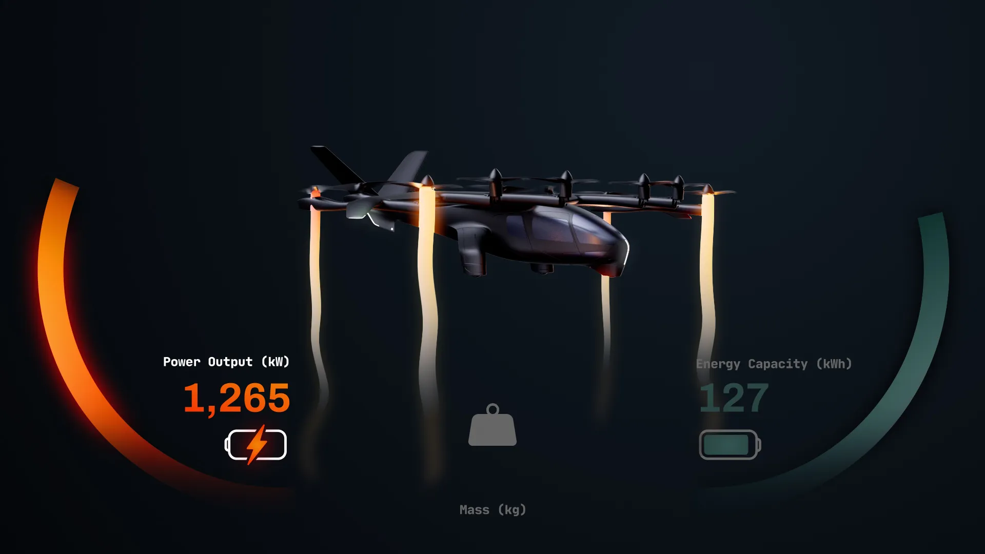 eVTOL aircraft hovering with vertical thrust streams and power output indicators