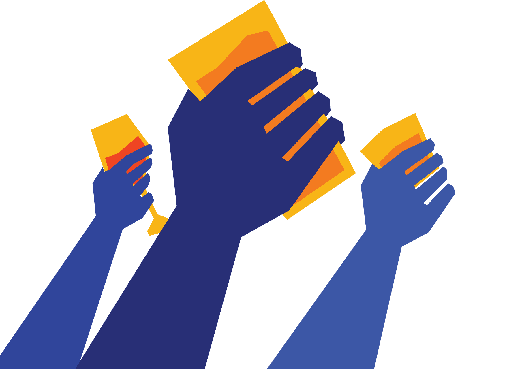 Hands raising glasses of wine, beer, and liquor