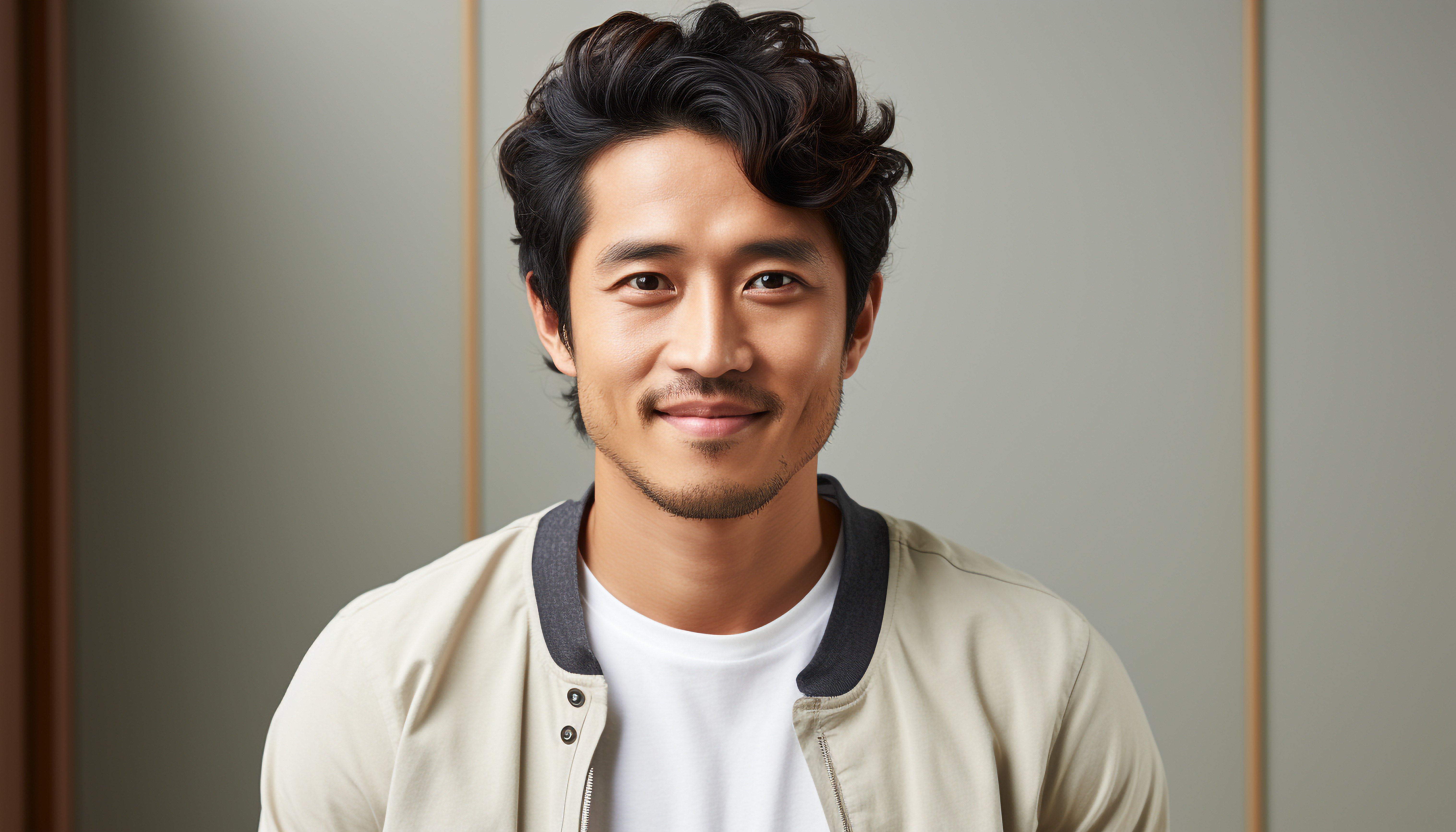 Confident young man smiling, looking at camera.