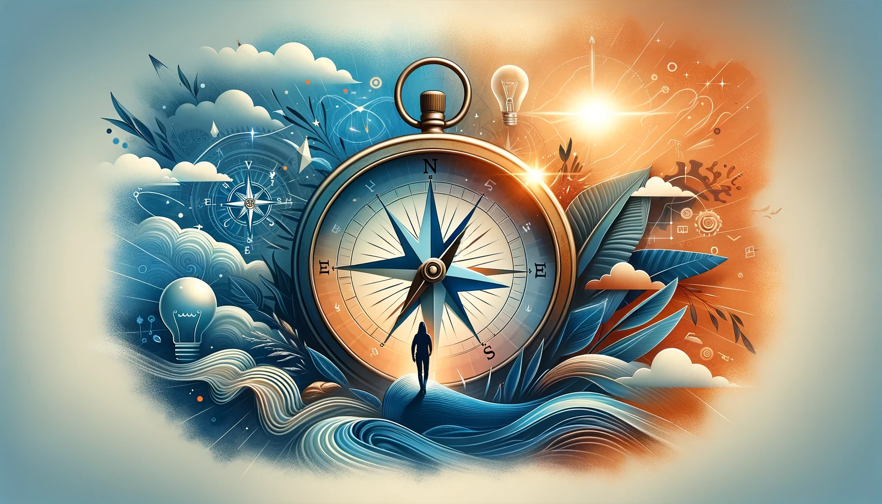 Vibrant, text-free blog cover showcasing themes of life and business coaching, with symbols like a compass and light bulb for guidance and innovation, ideal for DareAhead's holistic approach.